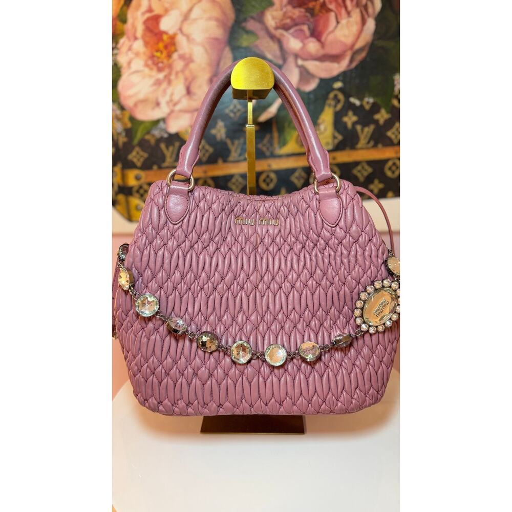 🩷SOLD🩷 Miu Miu Pink Lamb Pink Leather Crystal Charm Top Handle Satchel Bag